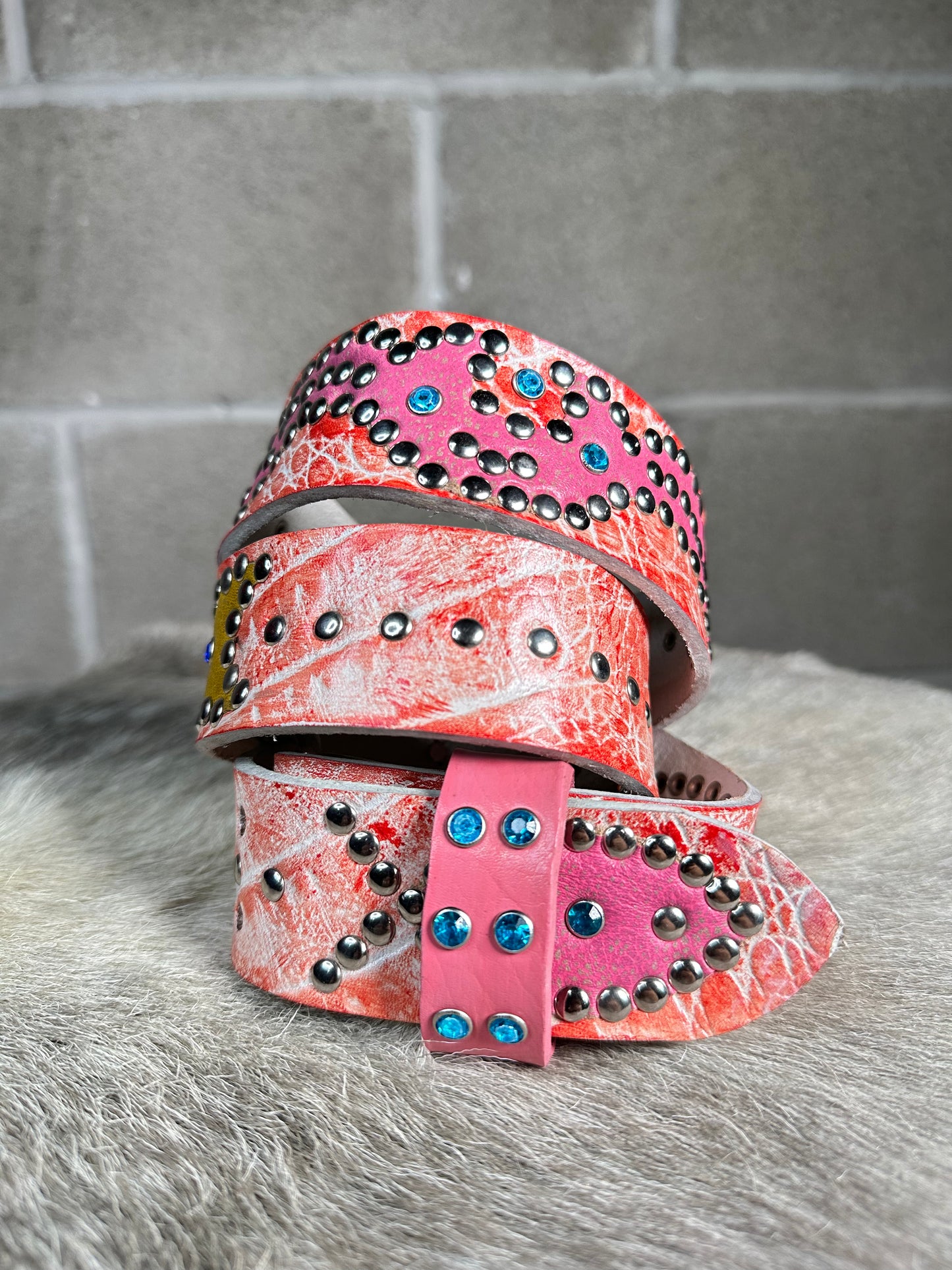 Croc Red-Orange + White Embossed Origins Belt (Distressed Pink and Yellow)