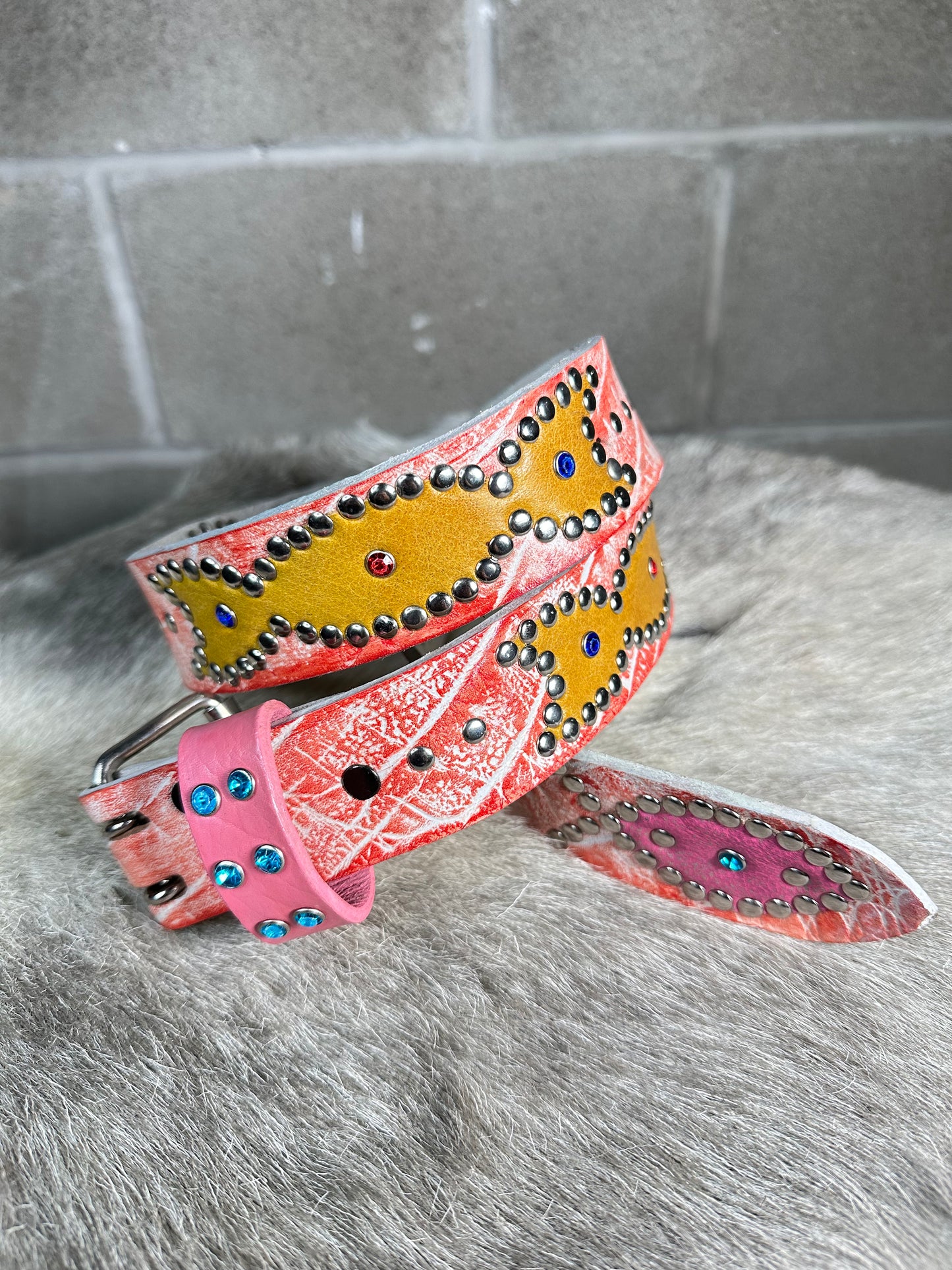 Croc Red-Orange + White Embossed Origins Belt (Distressed Pink and Yellow)