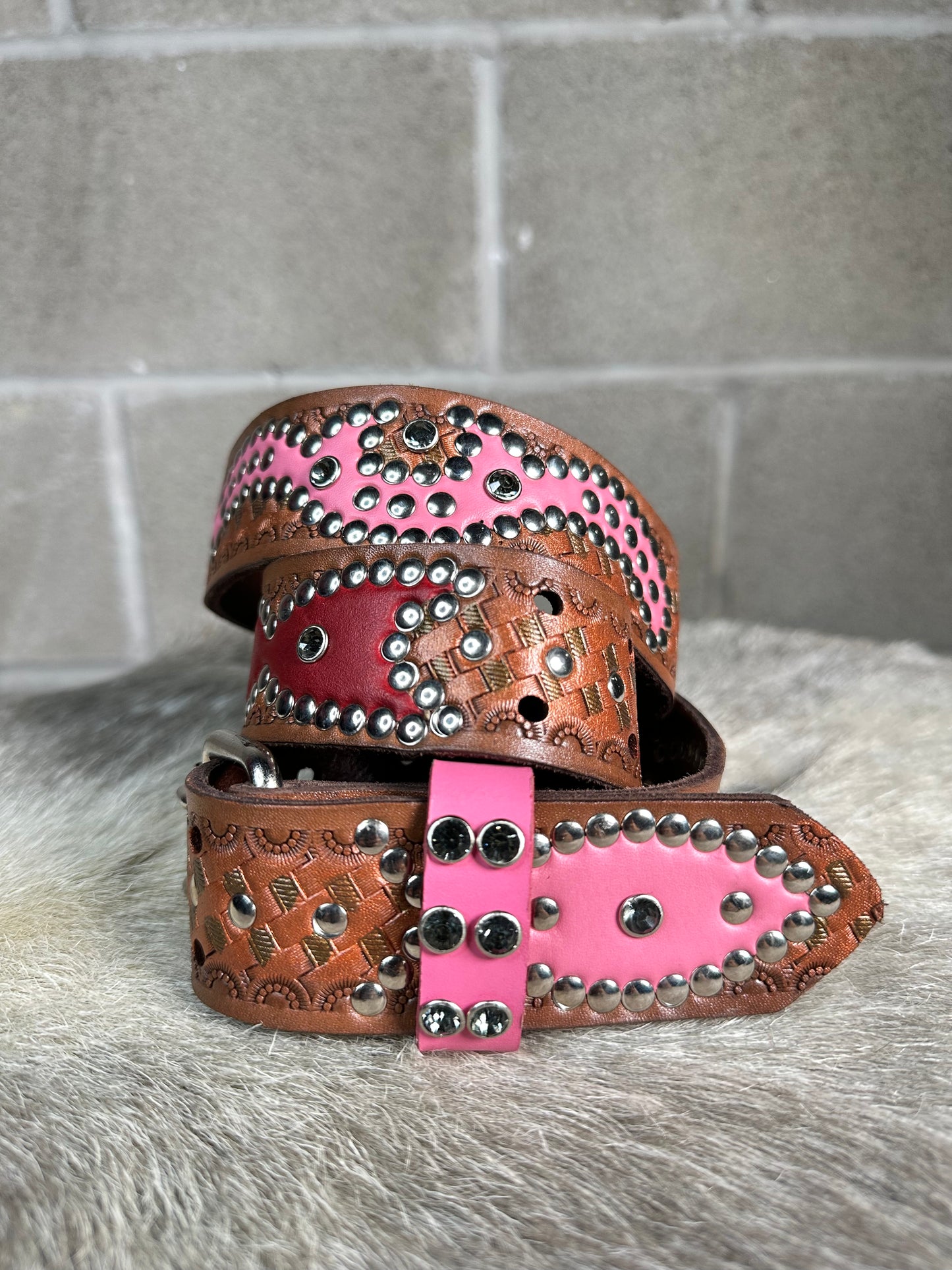 Basketweave Brown Embossed Origins Belt (Red and Pink)