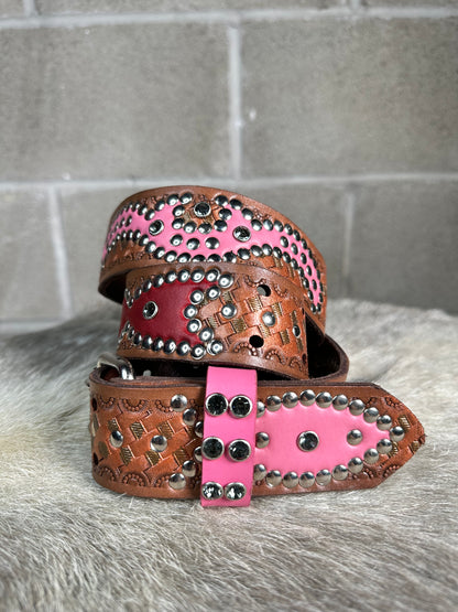 Basketweave Brown Embossed Origins Belt (Red and Pink)