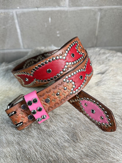 Basketweave Brown Embossed Origins Belt (Red and Pink)