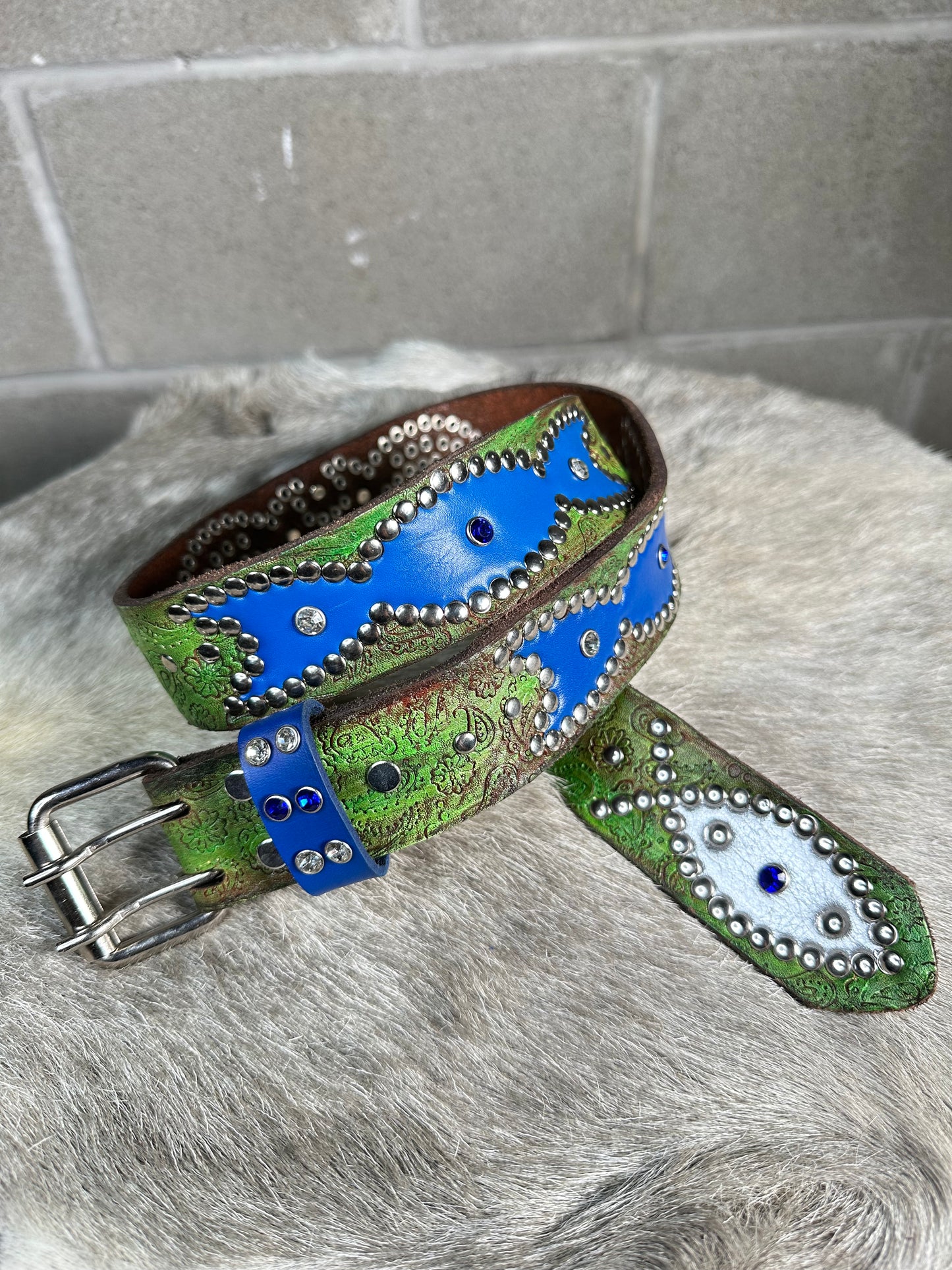 Paisley Green + Brown  Embossed Origins Belt (Blue and Silver)