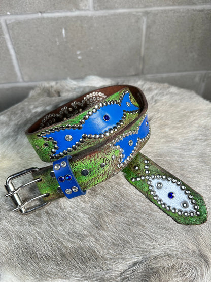 Paisley Green + Brown  Embossed Origins Belt (Blue and Silver)