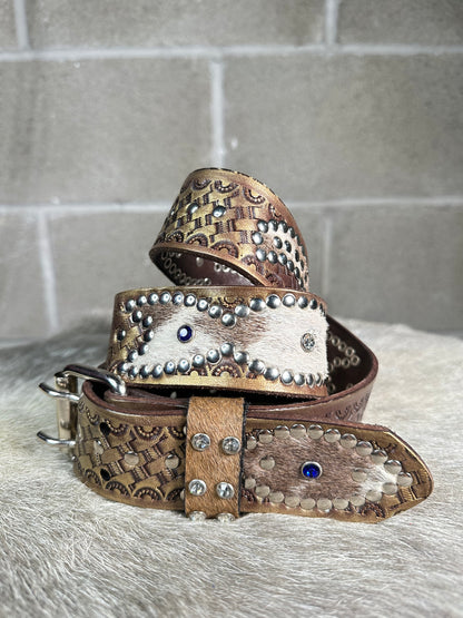 Basketweave Crystalized Brown Embossed Origins Belt (Cowhide)