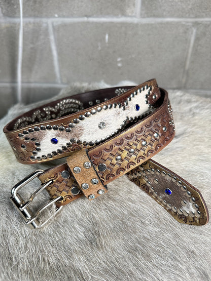 Basketweave Crystalized Brown Embossed Origins Belt (Cowhide)
