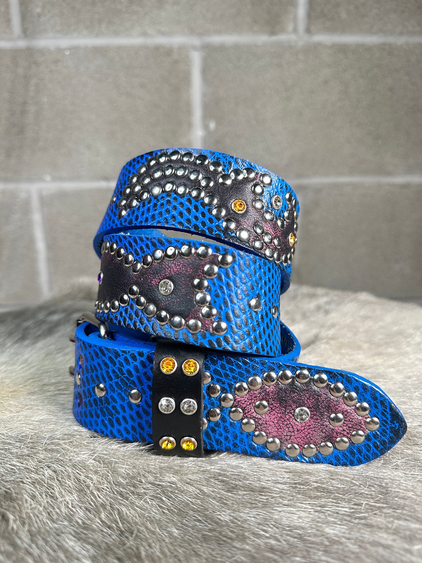 Python Blue + Black Embossed Origins Belt (Distressed Black and Pink)