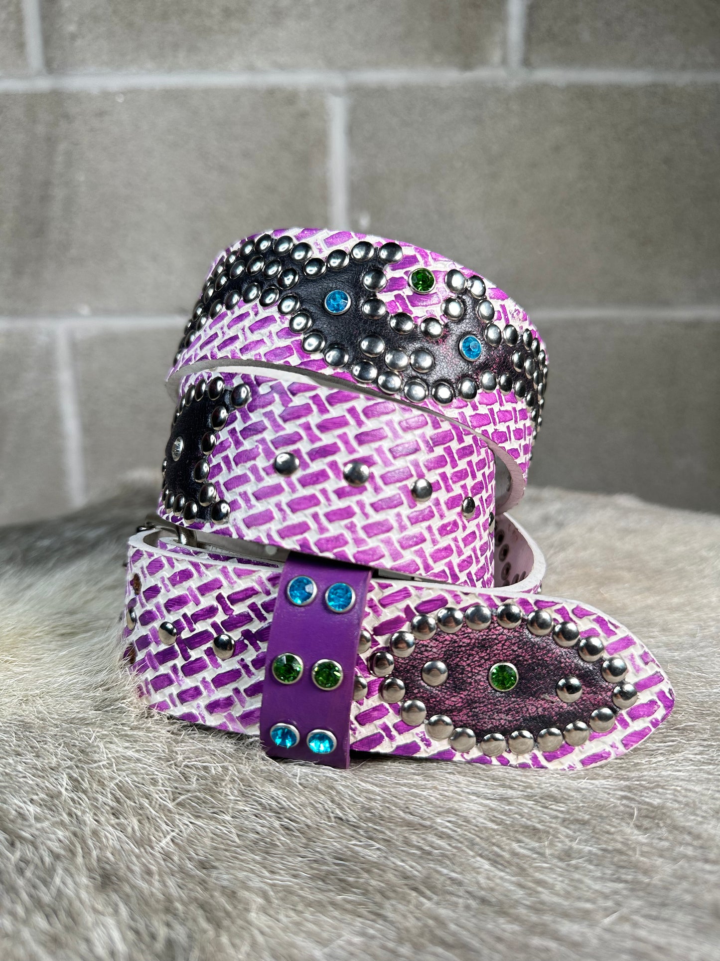 Traditional Purple + White Embossed Origins Belt (Distressed Black and Pink)