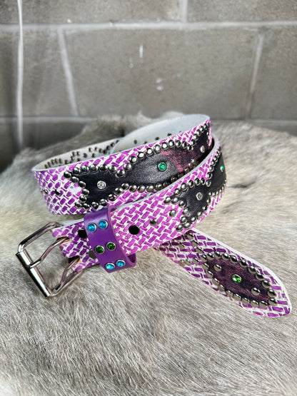 Traditional Purple + White Embossed Origins Belt (Distressed Black and Pink)