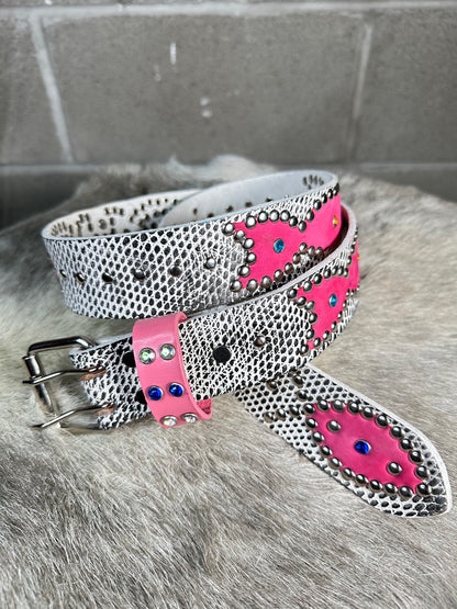 Python Black + White Embossed Origins Belt (Pink)