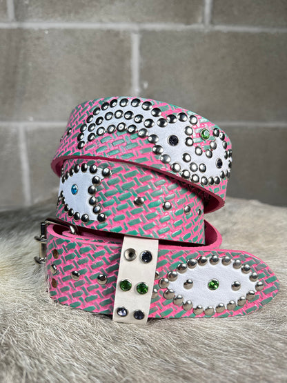 Traditional Turquoise + Pink Embossed Origins Belt (White)