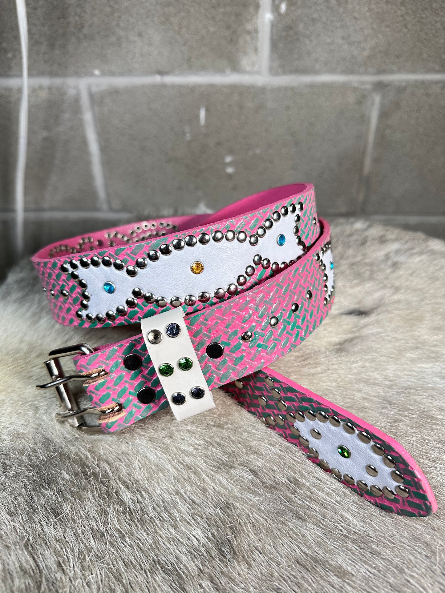 Traditional Turquoise + Pink Embossed Origins Belt (White)