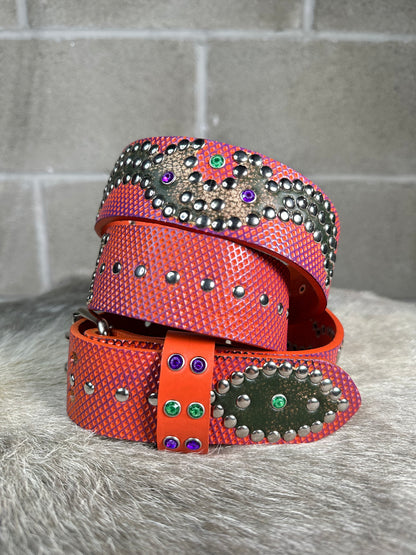 Python Orange + Purple Embossed Origins Belt (Distressed Forest Green)