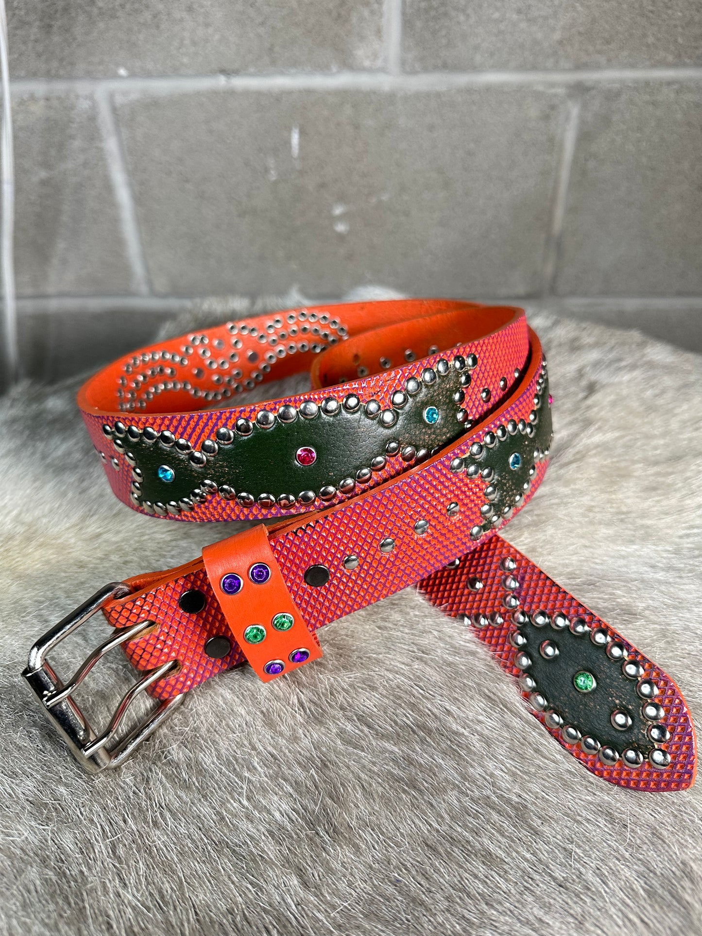 Python Orange + Purple Embossed Origins Belt (Distressed Forest Green)