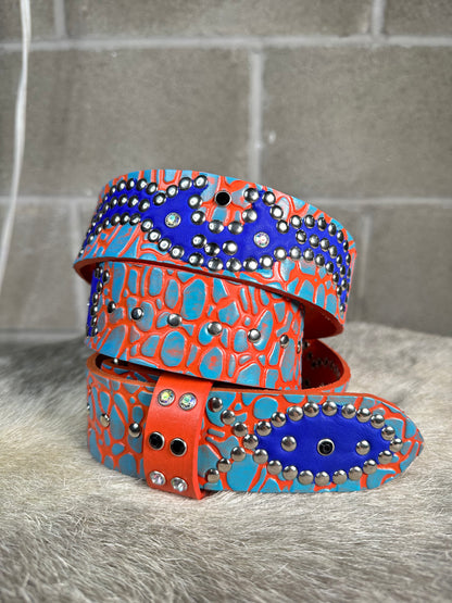 Elephant Turquoise + Orange Embossed Origins Belt (Blue)