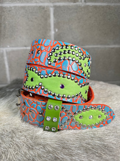 Elephant Orange + Turquoise Embossed Origins Belt (Lime Green)