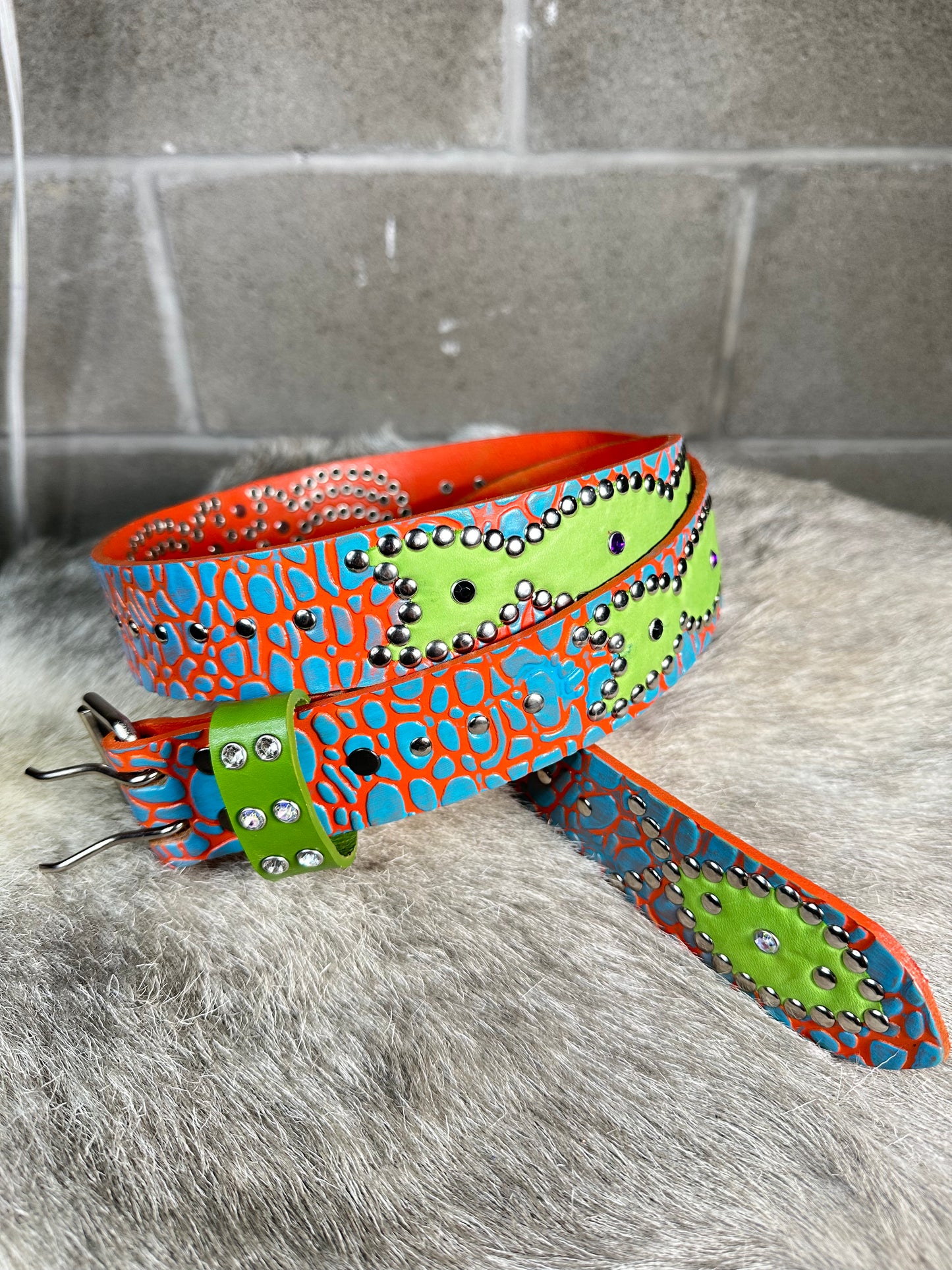 Elephant Orange + Turquoise Embossed Origins Belt (Lime Green)