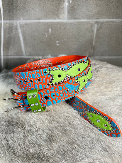 Elephant Orange + Turquoise Embossed Origins Belt (Lime Green)