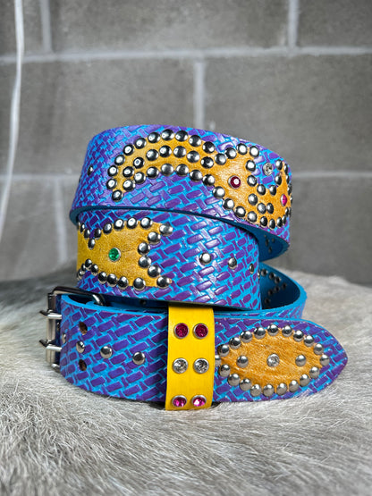 Traditional Blue + Purple Embossed Origins Belt (Aged Yellow)