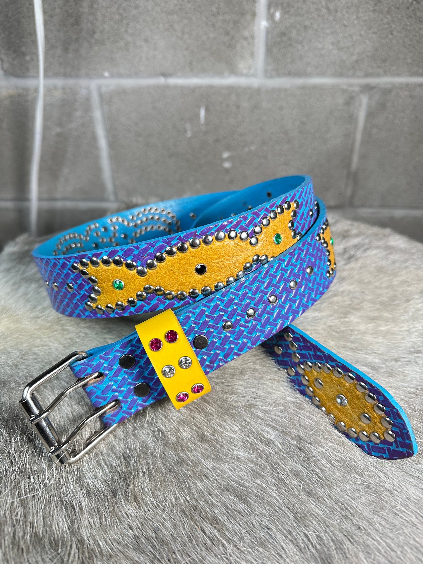 Traditional Blue + Purple Embossed Origins Belt (Aged Yellow)