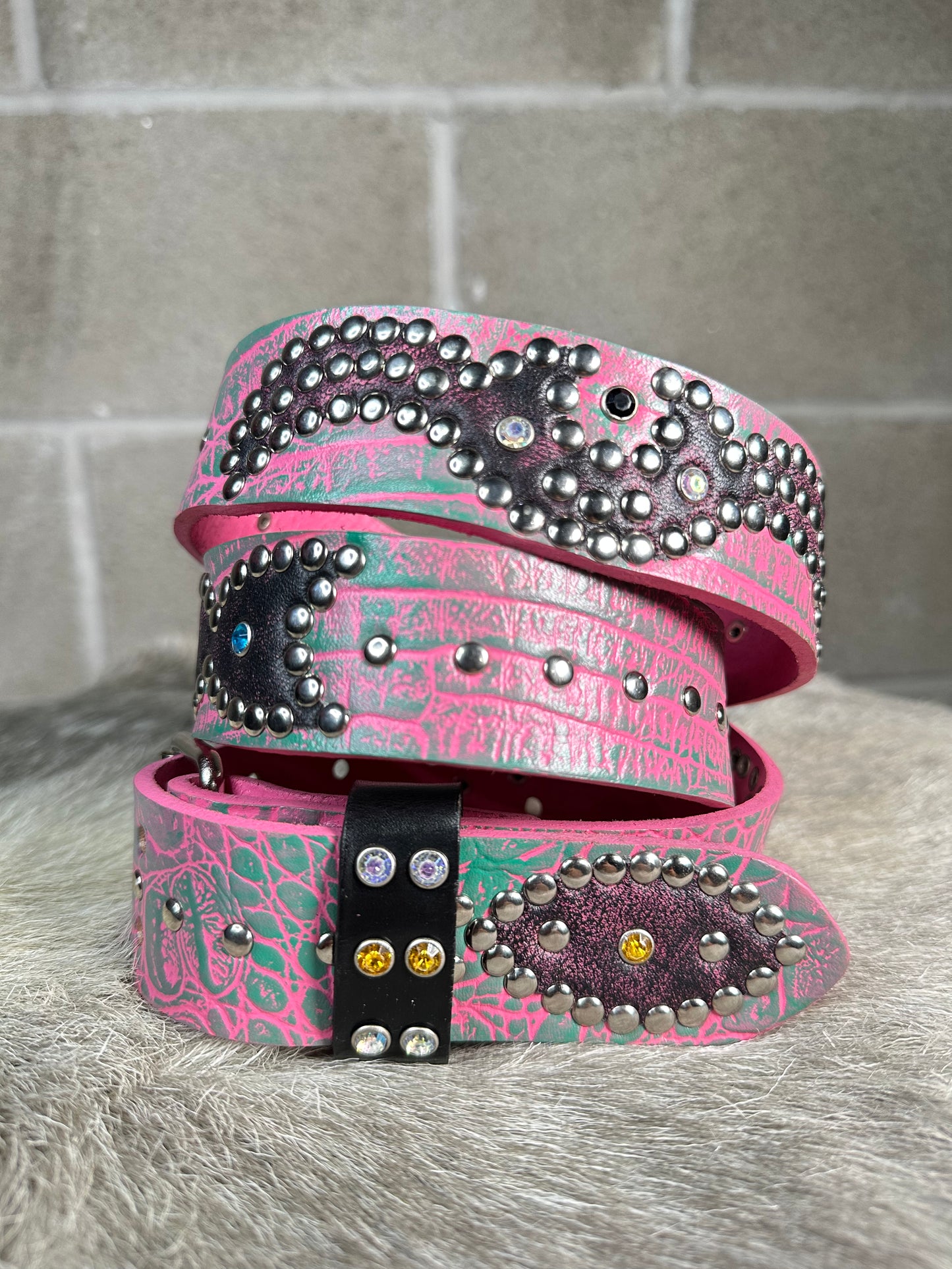 Croc Pink + Green Embossed Origins Belt (Distressed Black and Pink)