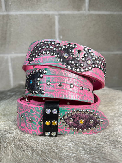 Croc Pink + Green Embossed Origins Belt (Distressed Black and Pink)