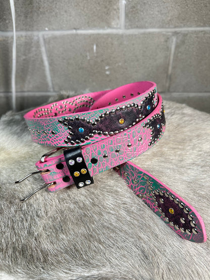 Croc Pink + Green Embossed Origins Belt (Distressed Black and Pink)