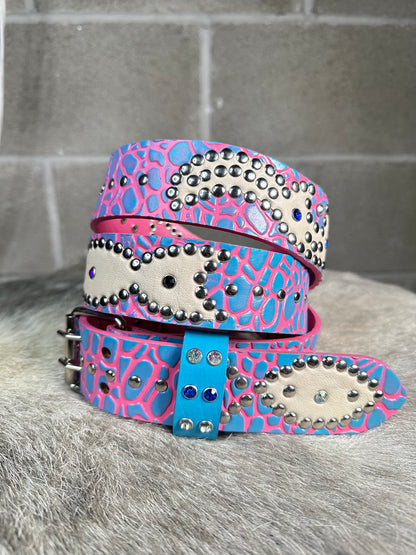 Elephant Pink + Sky Blue Embossed Origins Belt (White)