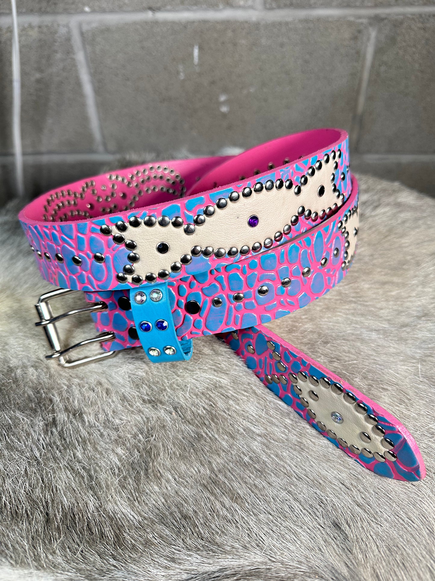 Elephant Pink + Sky Blue Embossed Origins Belt (White)