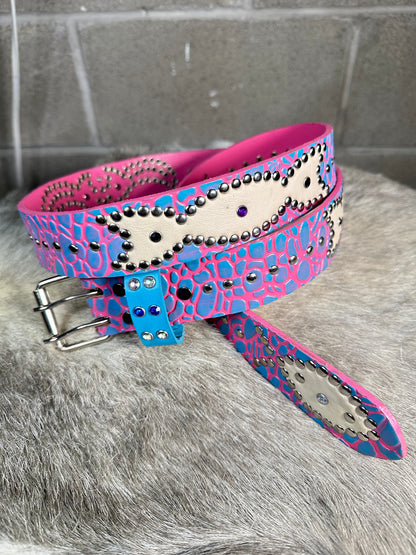Elephant Pink + Sky Blue Embossed Origins Belt (White)