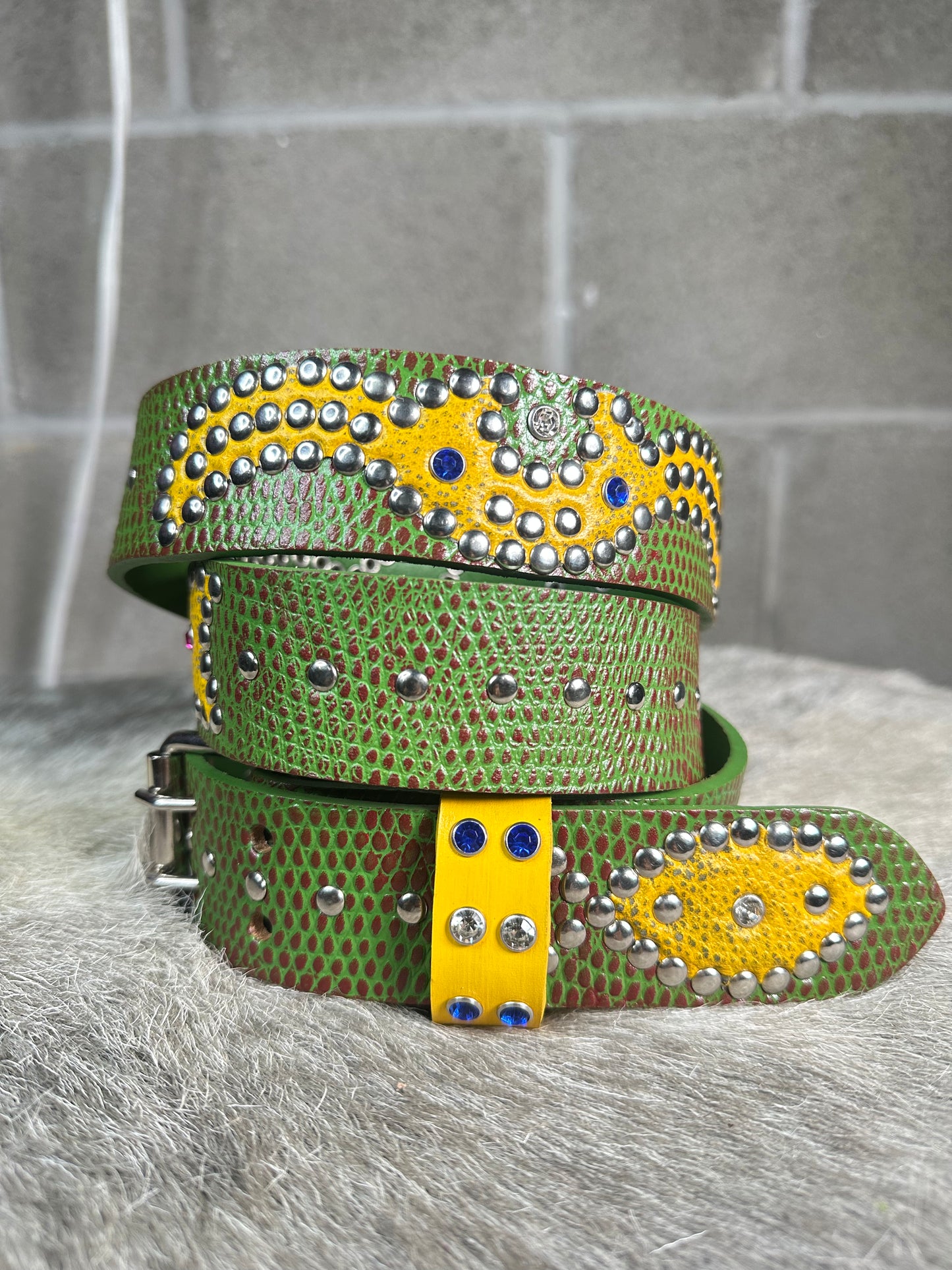 Python Burgundy + Green Embossed Origins Belt (Distressed Yellow)