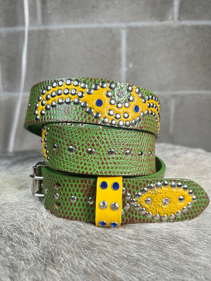 Python Burgundy + Green Embossed Origins Belt (Distressed Yellow)