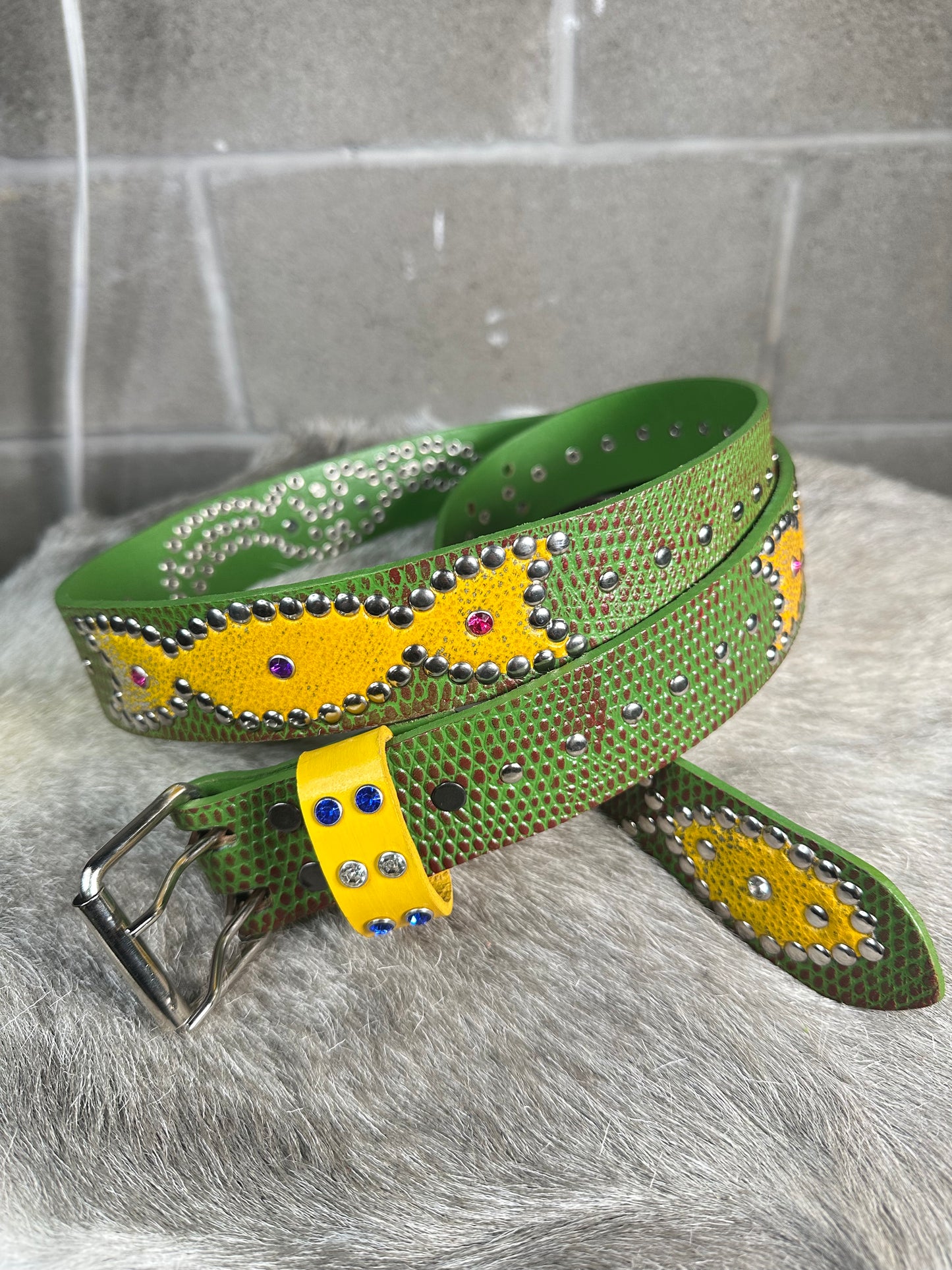 Python Burgundy + Green Embossed Origins Belt (Distressed Yellow)