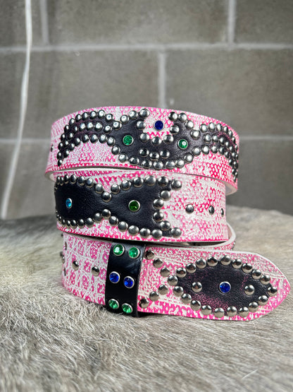 Croc Pink + White Embossed Origins Belt (Distressed Black and Pink)