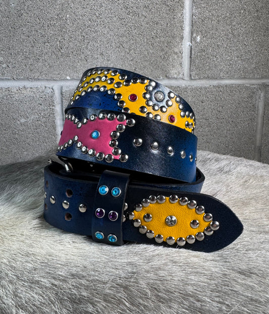 Blue+Black Distressed Origins Belt (yellow/pink)