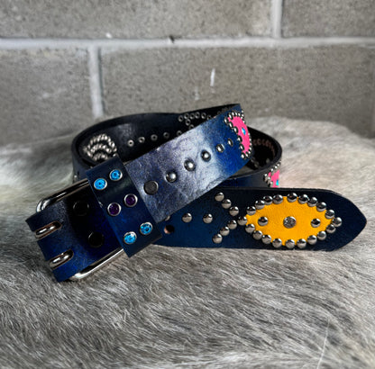 Blue+Black Distressed Origins Belt (yellow/pink)