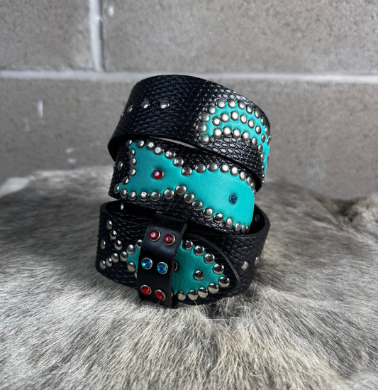 Python Black Embossed Origins Belt (turquoise)