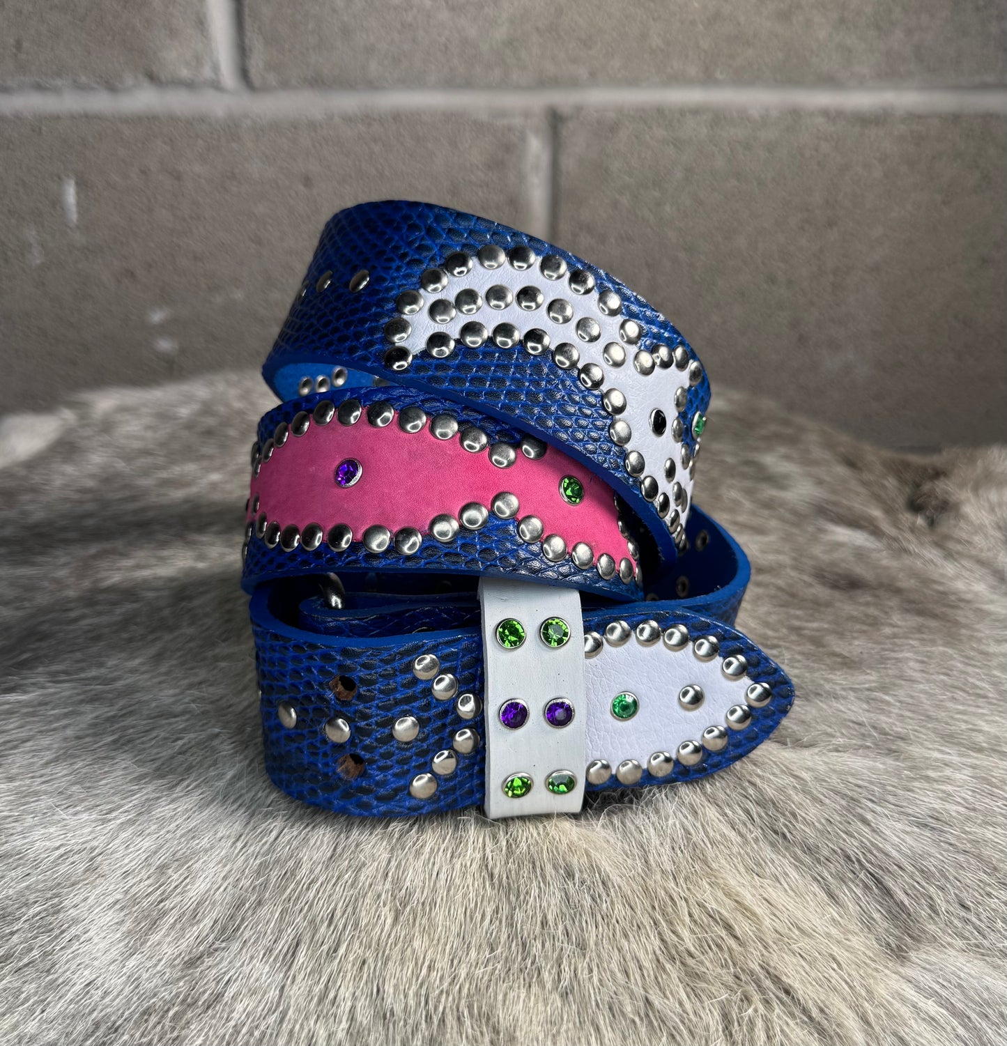 Python Blue+Black Embossed Origins Belt (white/pink)