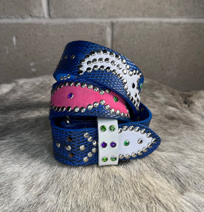 Python Blue+Black Embossed Origins Belt (white/pink)