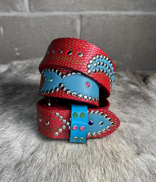 Python Red+Green Embossed Origins Belt (sky blue)