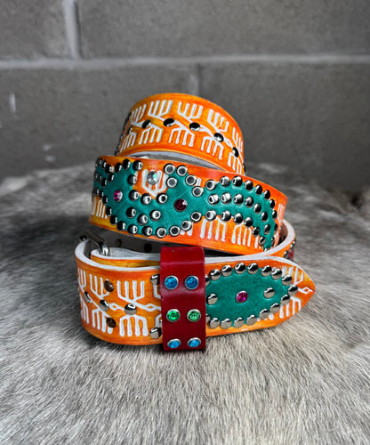 Traditional White+Orange Embossed Origins Belt (red/turquoise)