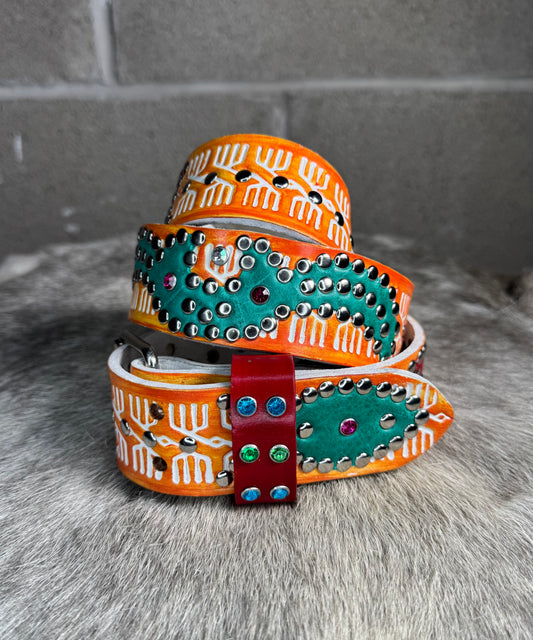 Traditional White+Orange Embossed Origins Belt (red/turquoise)