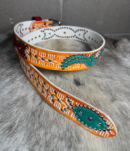 Traditional White+Orange Embossed Origins Belt (red/turquoise)