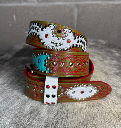 Traditional Olive Green+Red Embossed Origins Belt (white/turquoise)