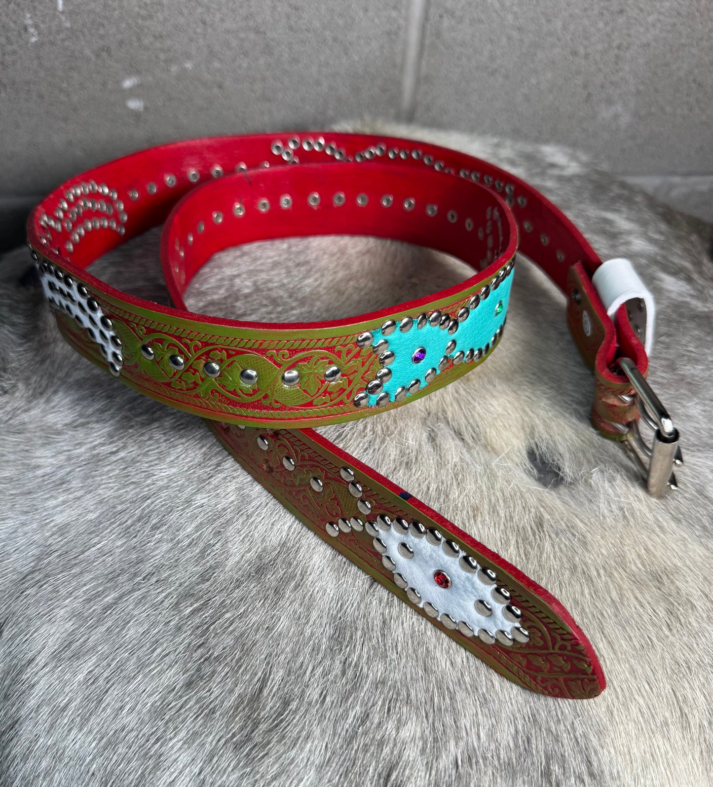 Traditional Olive Green+Red Embossed Origins Belt (white/turquoise)