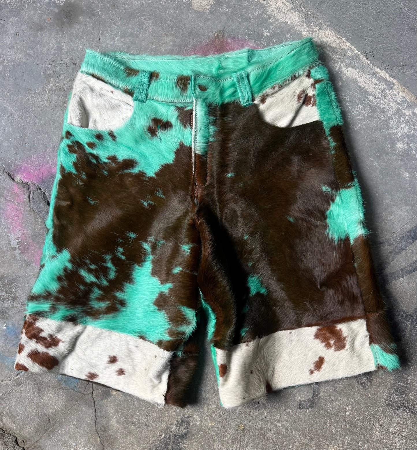 Turquoise Cowhide Shorts (+ natural print panels)