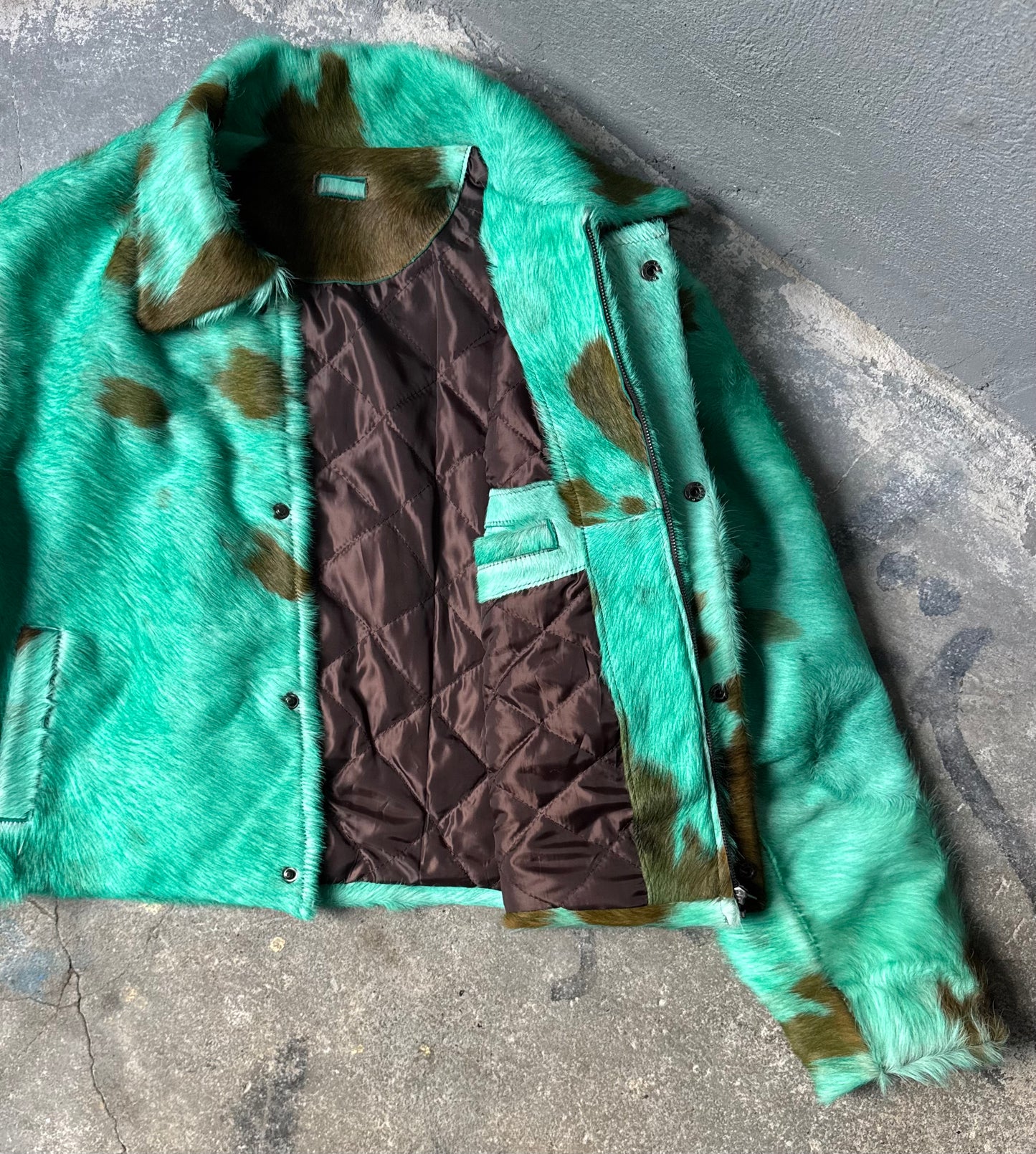 Turquoise Cowhide Jacket (brown print)
