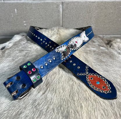 Blue+Black Distressed Origins Belt (cowhide/crystalized orange)