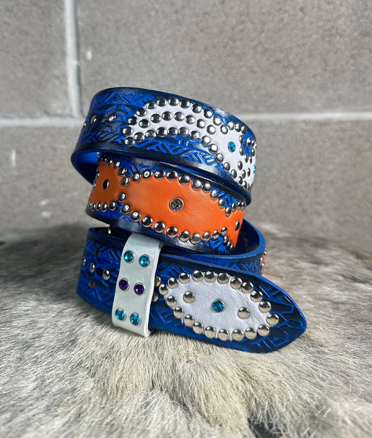 Traditional Black+Blue Embossed Origins Belt (white/orange)