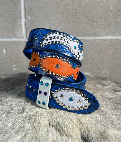 Traditional Black+Blue Embossed Origins Belt (white/orange)